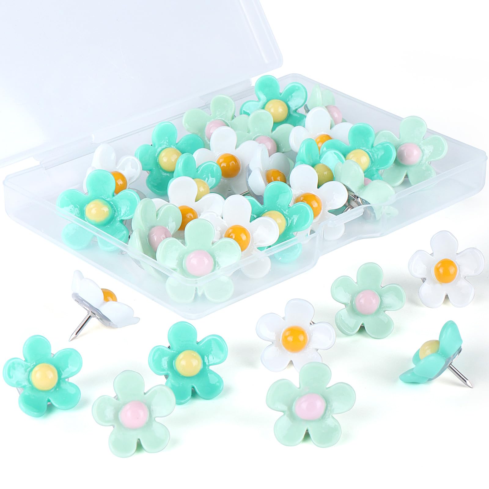 Flower Push Pins,30pcs Push Pins for Cork Board Green Decorative Thumb Tacks Cute Push Pins for Cork Board Fun Thumb Tacks Decorative for Photo Wall, Feature Wall,Map, Bulletin Board, Office or Home