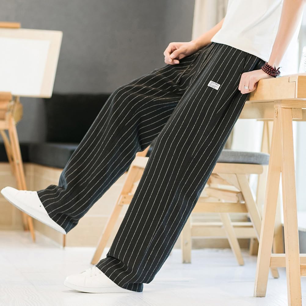 Pantaloni A Righe Da Uomo Leggero Casual Elastico in Vita Coulisse Ampio Gamba Larga Estate Dritto Pantaloni Di Lino