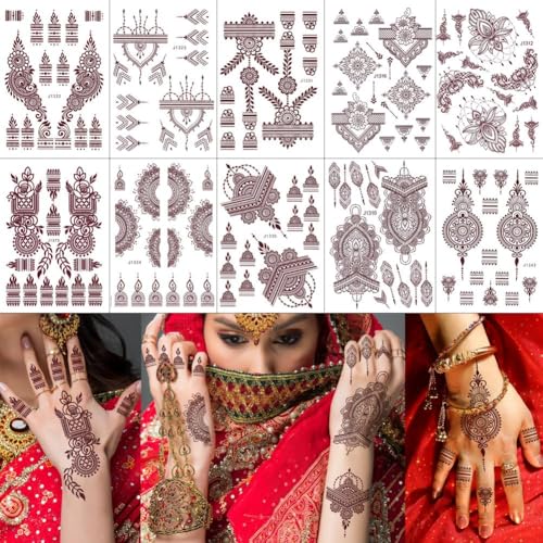 PPVWEY 10 Sheets Temporary Tattoos Brown Tattoos Stickers for Women Waterproof Flower Fake Tattoos for Girls Arms Back Shoulder Wedding Party Eid