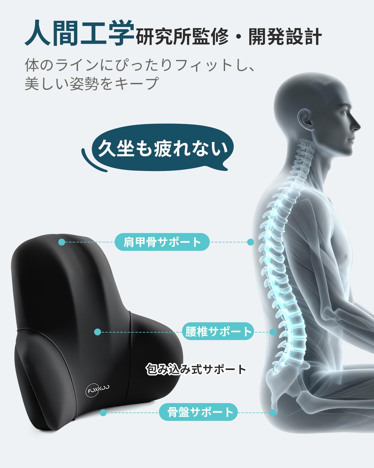 車 クッション オフィスチェア ランバーサポート 腰クッション 【低反発 スペースメモリーフォーム】人間工学 腰サポート 体圧分散 全シーンで腰を守り オフィス ドライブ 出張 旅行 勉強の長時間着座も無負担 日本語取扱説明書 KB-BK - 4