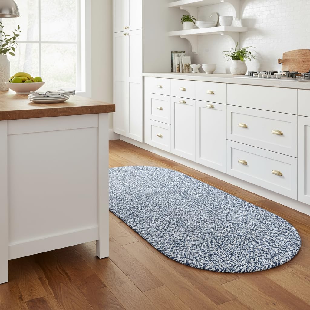 Super Area Rugs Farmhouse Braided Rug Cotton Kitchen Reversible Carpet, Blue & White,2' X 6' Oval Runner