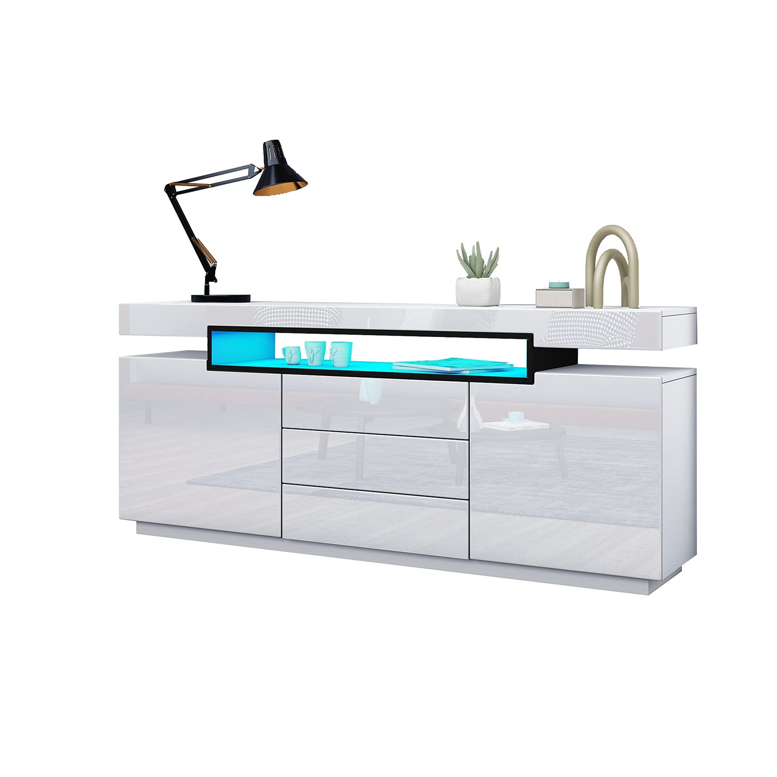 Weiß Sideboard Schrank Matt Body & Hochglanz TV Lowboard LED Beleuchtung Kommode mit 2 Türen 3 Schubladen 160cm für Wohnzimmer Esszimmer