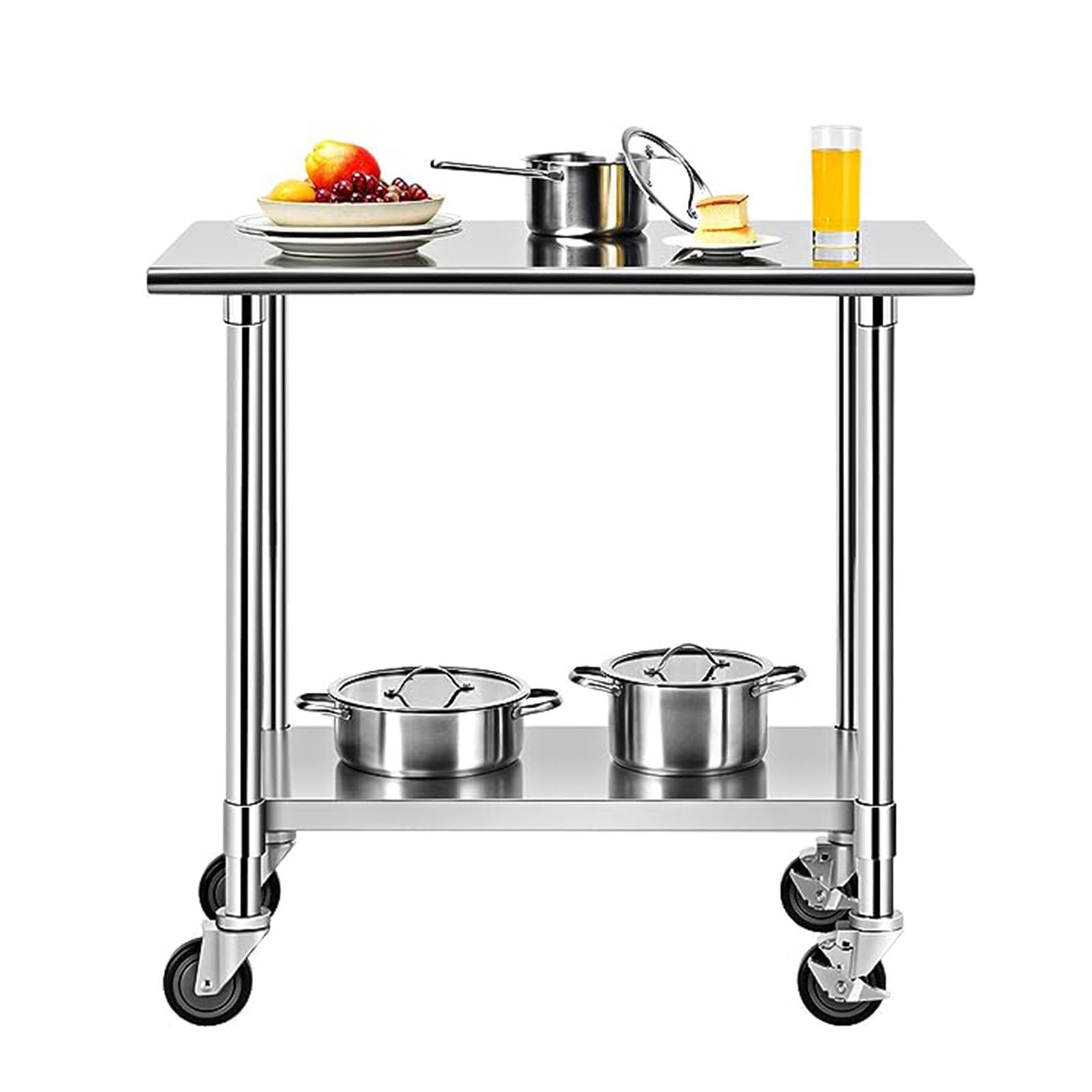 GOPLUS Mesa de Trabajo de Acero Inoxidable, Banco de Trabajo con 4 Ruedas giratorias 360°, Carrito para Servir, Carrito de Cocina con Estante Ajustable, soporta hasta 250 kg, 2 Ruedas con Freno