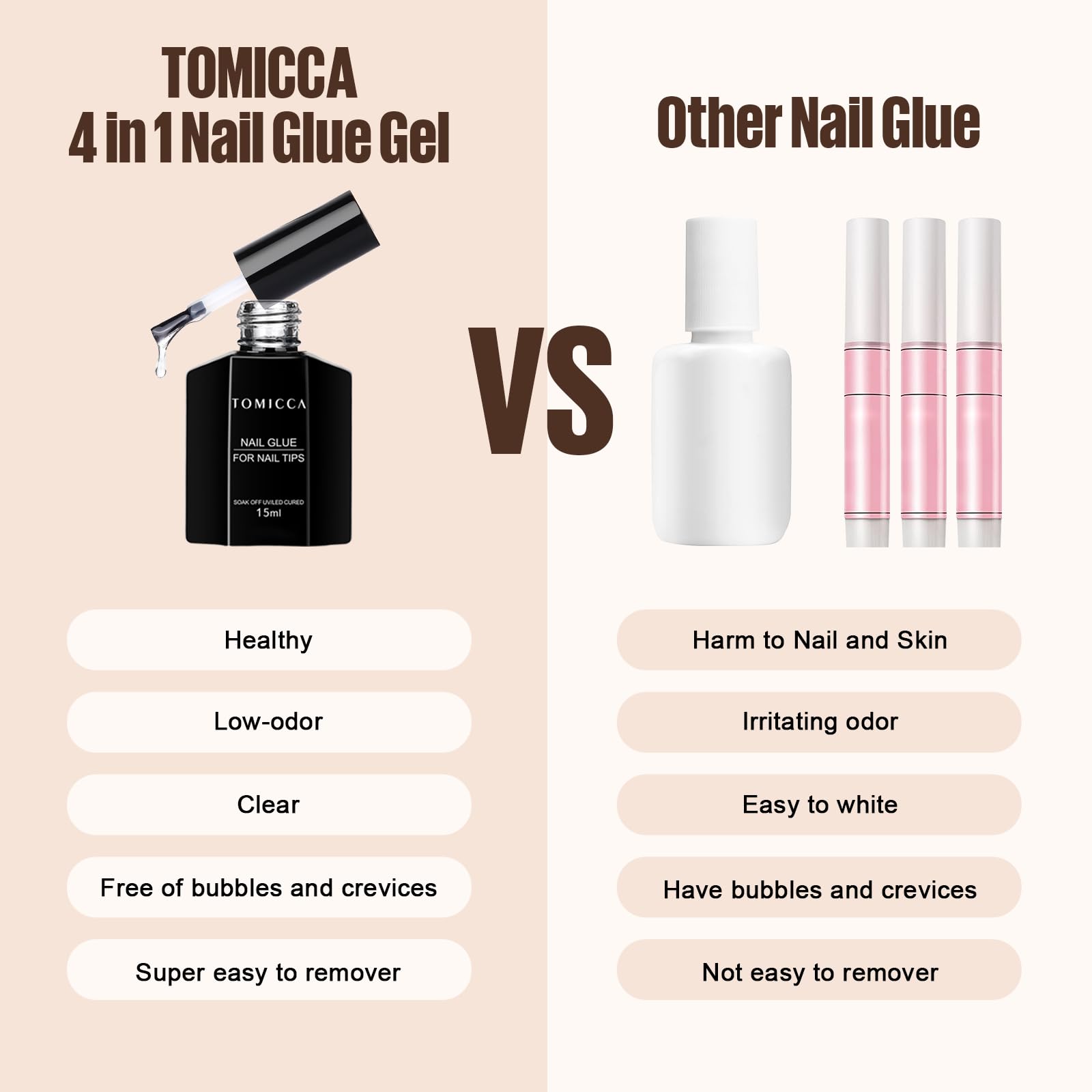 TOMICCA Klej do paznokci do sztucznych paznokci, 15ml klej do paznokci UV 4 w 1 Gel Nail Glue bardzo mocny do tipsów Press On Nail sztuczne paznokcie