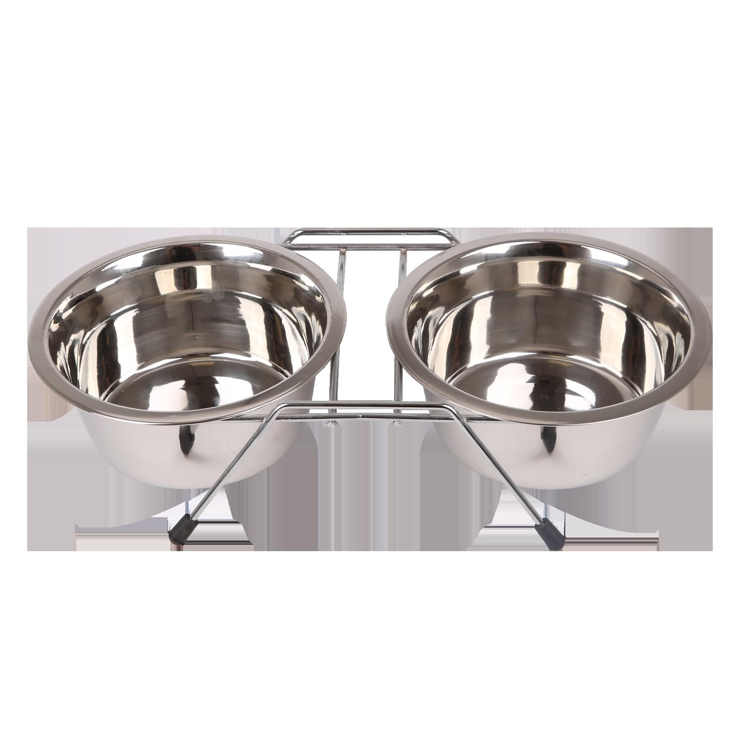 Stainless steel double bowl with metal shelf, ideal for pets, durable and easy to clean food and water.