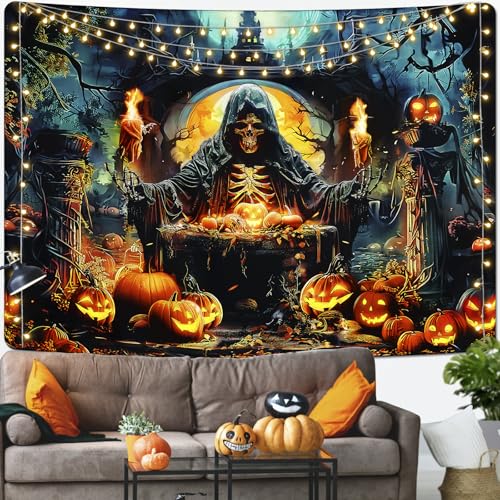Invoibler Halloween Skull Tapestry Horror Pumpkin Tapestries Goth Witch Tapestry Moon Night Tapestry Misty Forest Tapestry Wall Hanging For Bedroom thumb #2