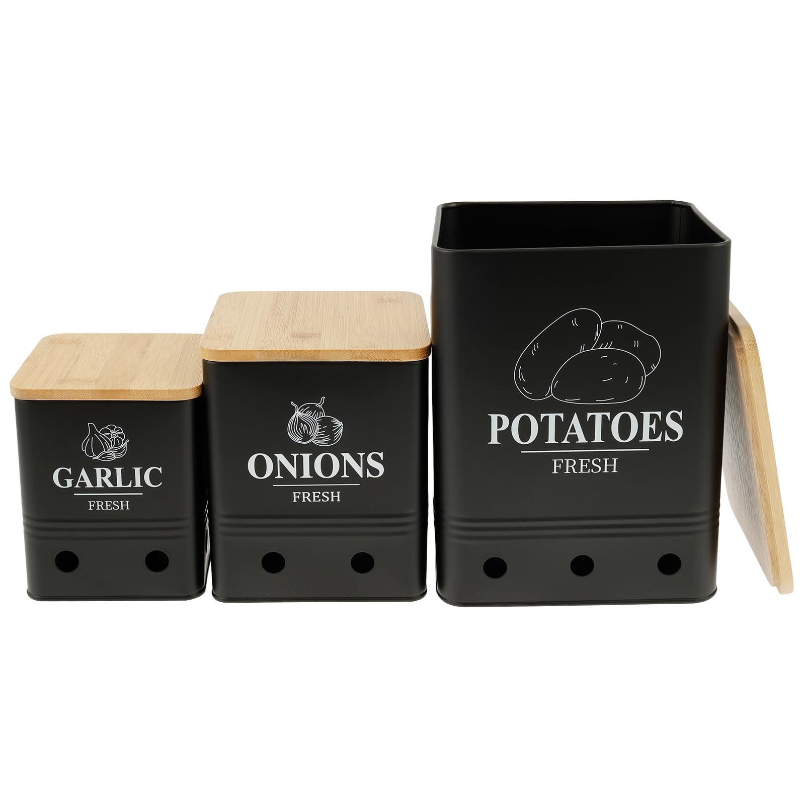 Rhaiqbvc Black 3Pcs Vegetable Storage Tin 3 Size Stackable Garlic Onions Potatoes Storage Container Carbon Steel Kitchen Canister Vegetable Keeper With Aerating Holes And Wooden Lid