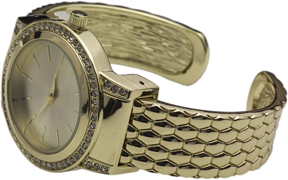 Blekon Collections Quartz Womens Rhinestone Bezel 34mm Case Metal Bangle Cuff Watch (Gold)