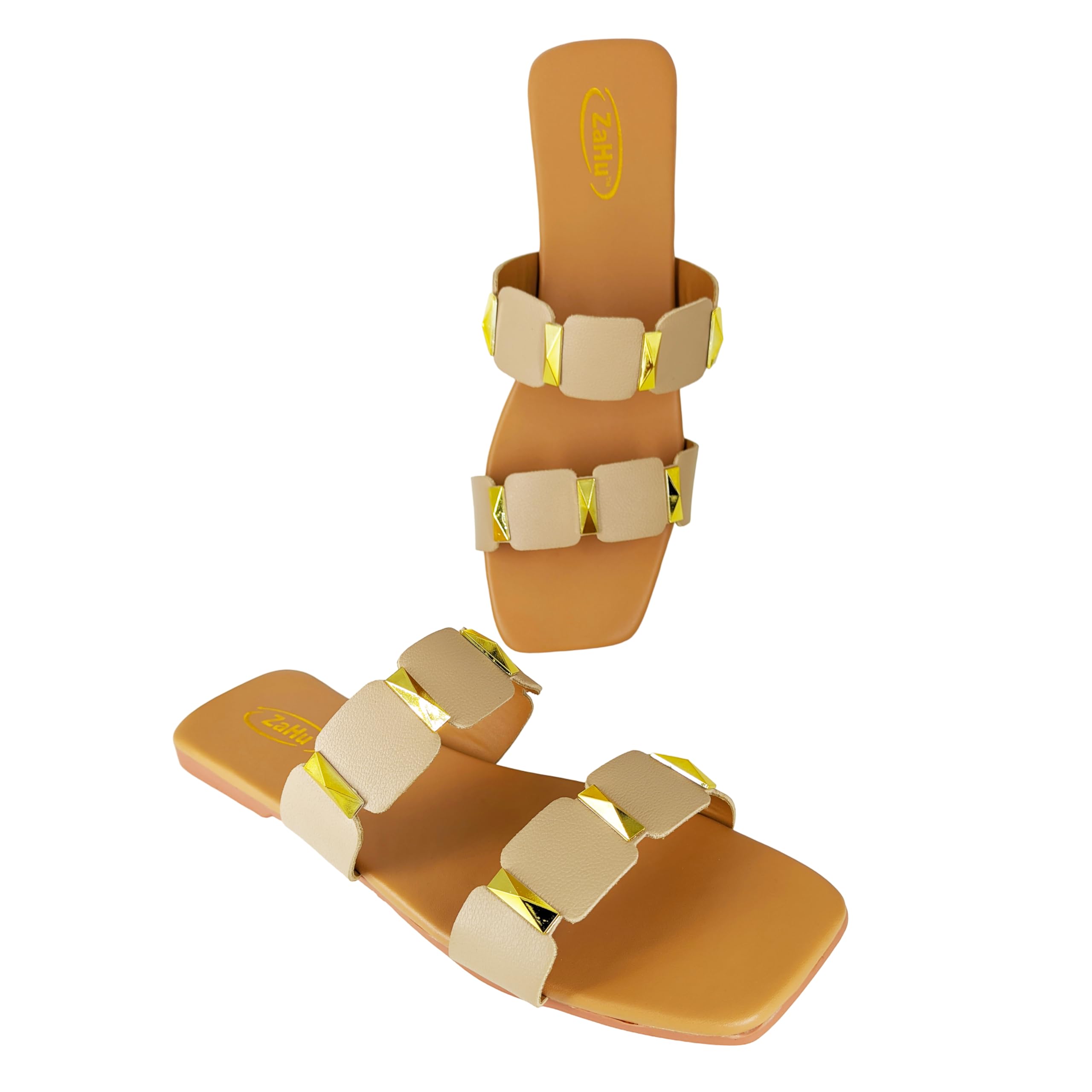 zahu flats for women stylish model fashion flat casual daily use beige cream white mustard yellow sandals open back flip flops for girls ladies slipper chappal footwear-picture-23