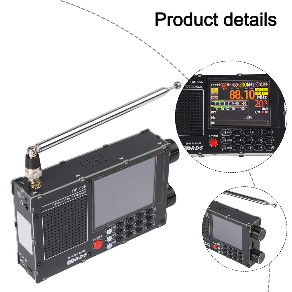Radio portatile digitale, Radio a onde corte portatile, Radio portatile a onde corte, DP-666 TEF6686 digitale FM AM LW per ricevitore radio MW SW con display RDS, touch screen da 2,8 pollici (nero)