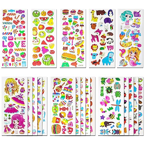 3D Stickers for Kids Toddlers 530+ Vivid Puffy Kids Stickers 24 Different Sheets, Colored 3D Stickers for Boys Girls Teachers, Preschool Sticker for Reward, Craft Scrapbooking
