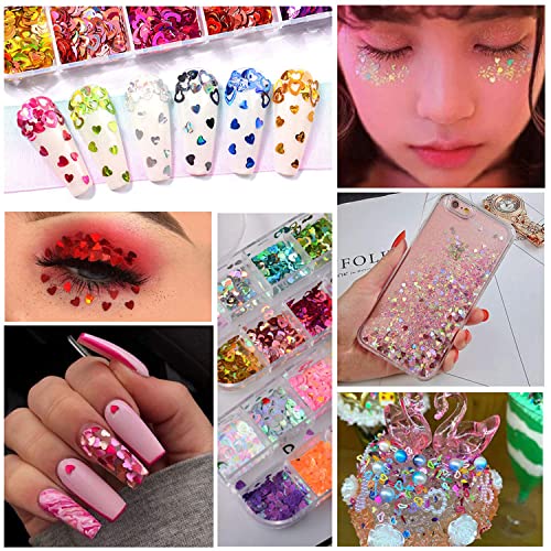 Love Heart Nail Art Glitter Sequins, 12 Colors Holographic Hollow Heart Shapes Nail Flakes Designs, 3D Laser Sparkly Big Small Hearts Nails Supplies For Women Manicure Decorations, Diy Shiny Crafts #TOP3