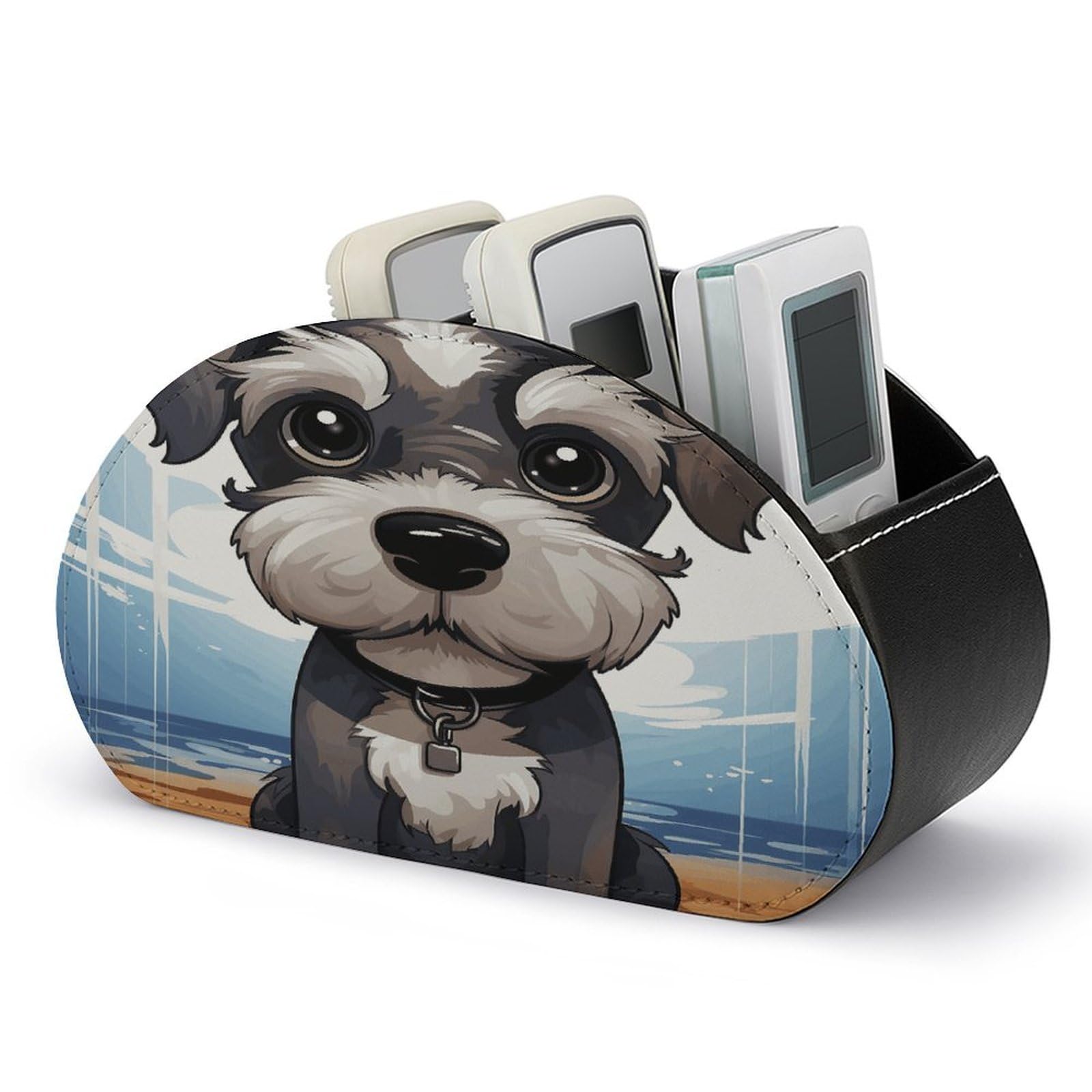 VstaDank Adorable Schnauzer Remote Control Holder with 5 Compartments PU Leather Remote Caddy Desktop Organizer Store TV Remote Control Storage Box for Home Office Desk Nightstand