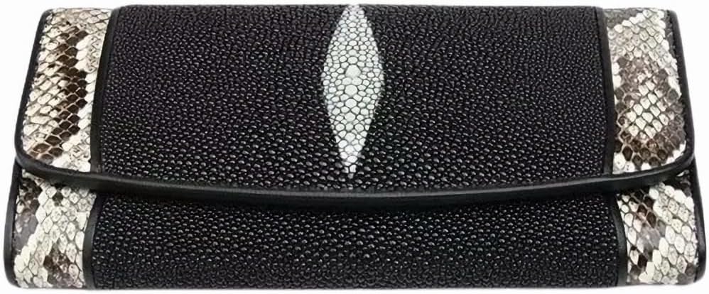 Patchwork Design Genuine Real True Stingray Skin Women Long Clutch Wallet Purse Exotic Authentic Leather Lady Large Card Holders (Red 1)