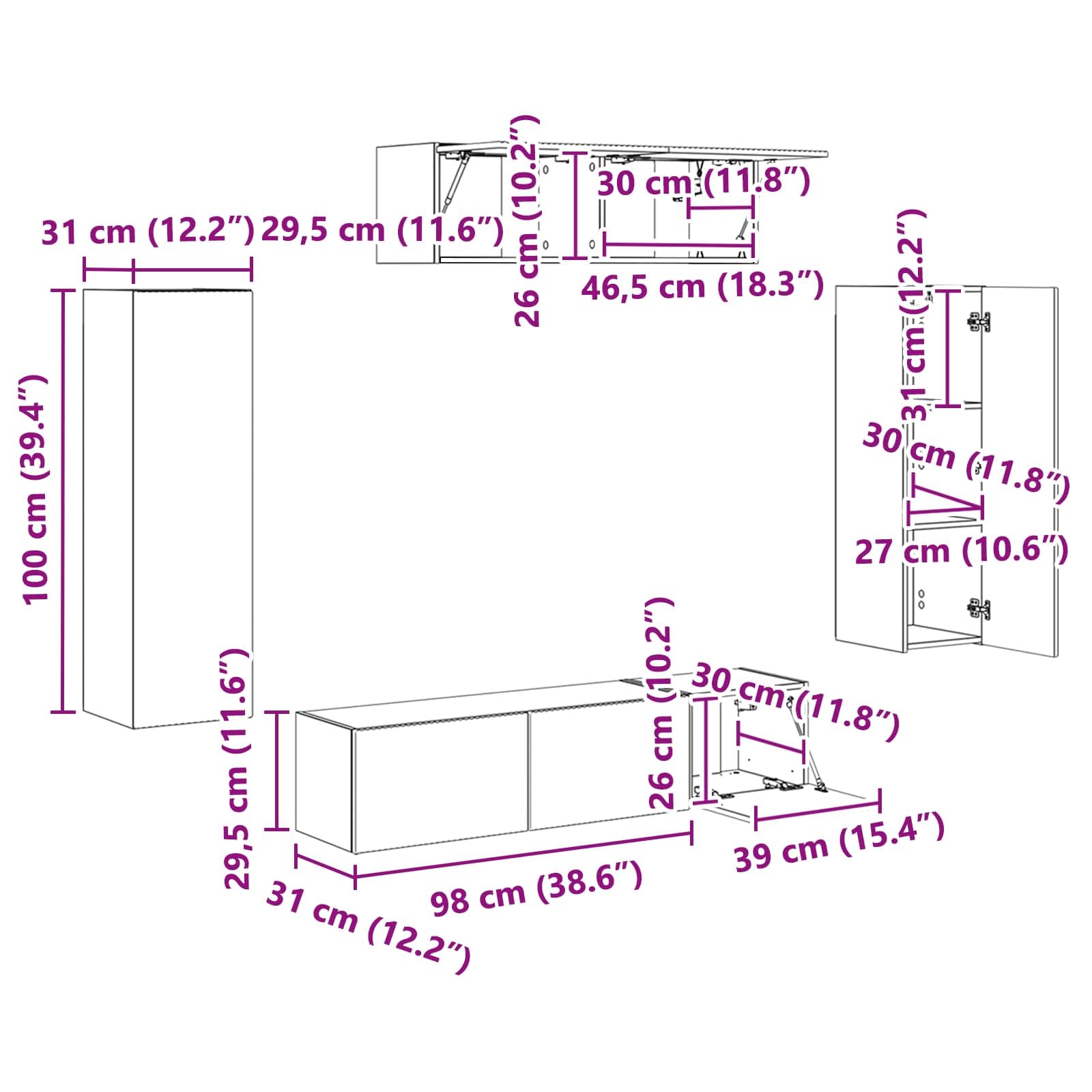 Mobile TV nero da parete, 5 pezzi, con vano portaoggetti, ripiani, cassetti e copertina, mobili multimediali moderni per soggiorno, camera da letto, home theater, console di gioco, soundbar