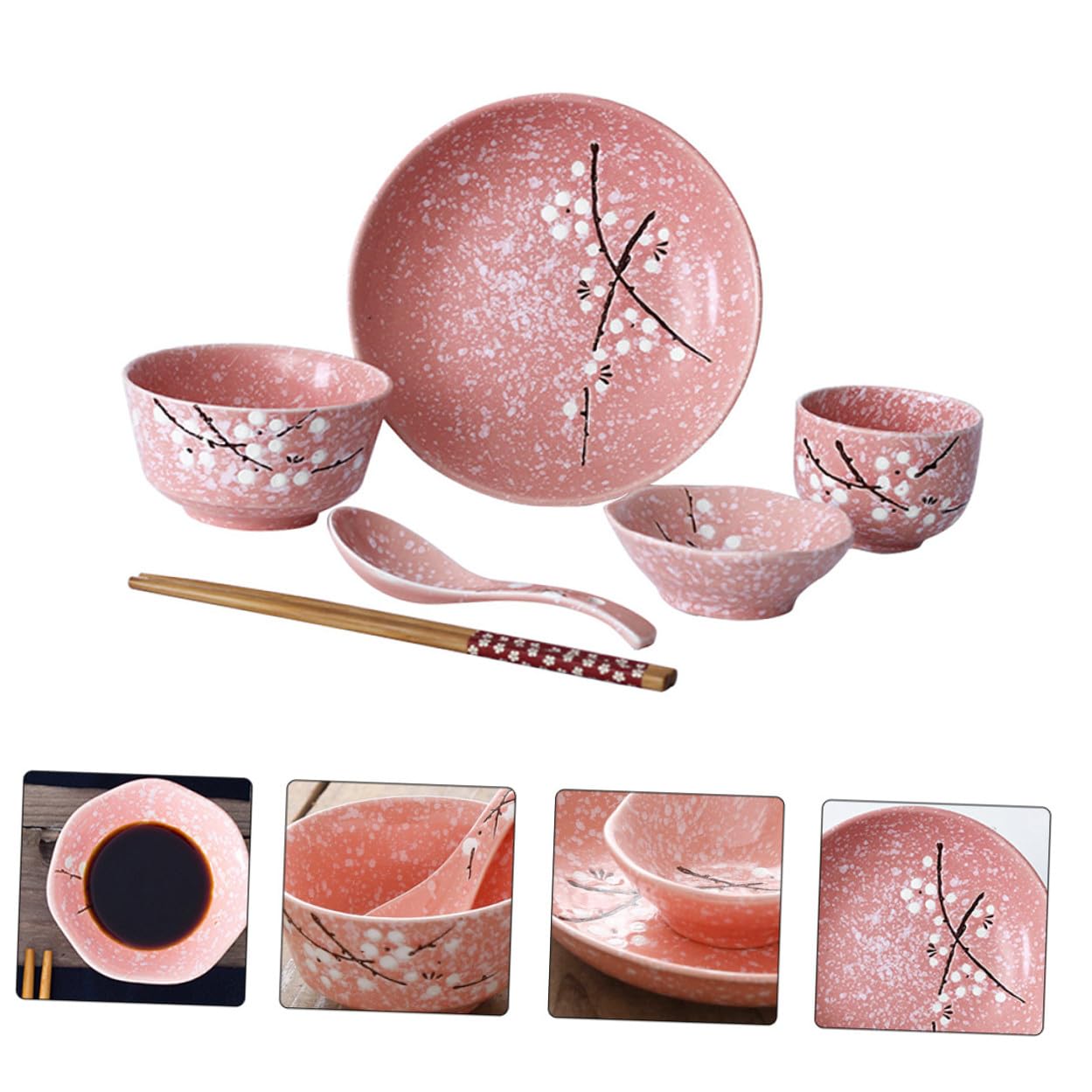 Vajilla Japonesa Rosa Elegante y Práctico para Servir Arroz Postres y Ensaladas Incluye Cuencos Platos Cucharas Palillos y Tazas para Uso Diario y Regalo de Inauguración de Casa