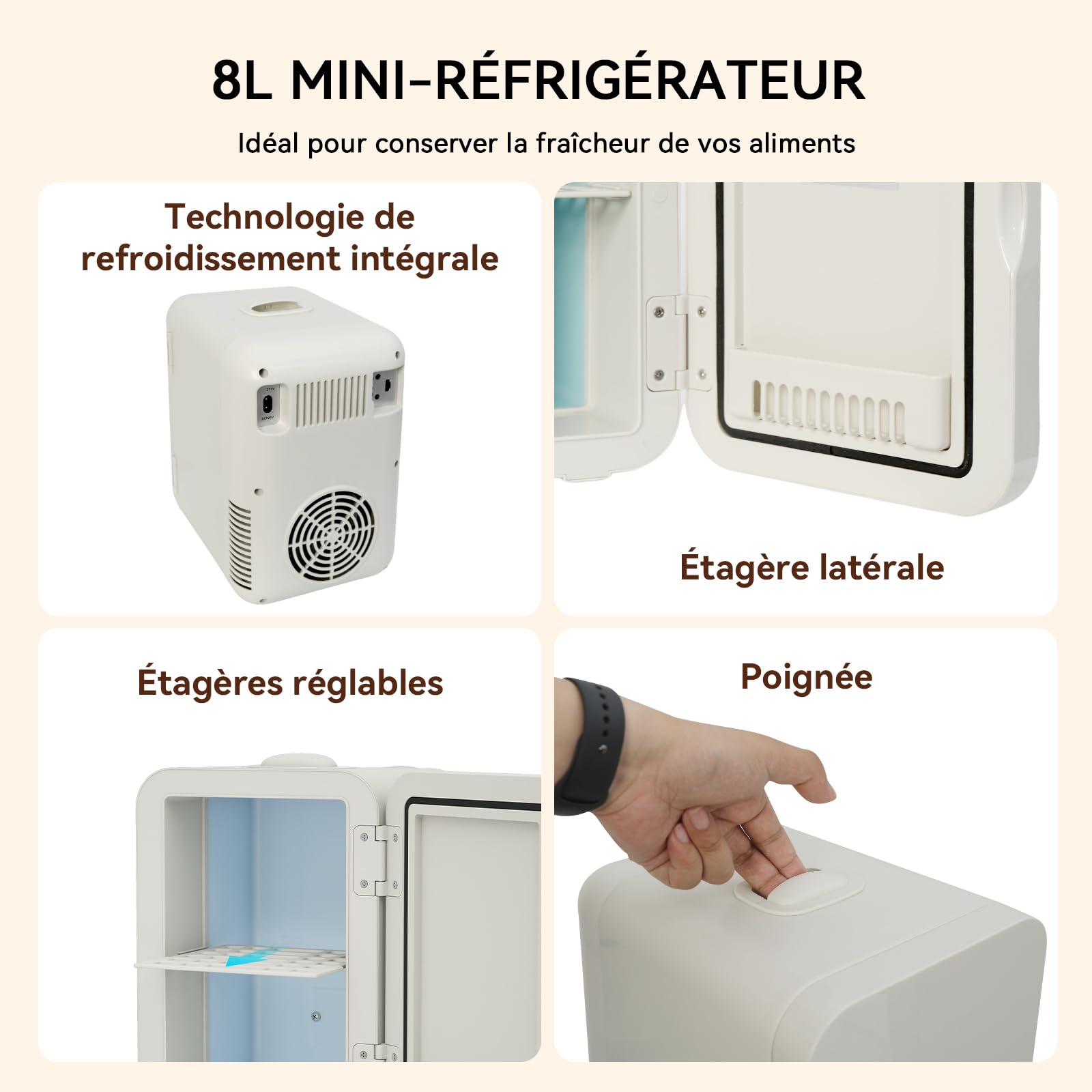YOURLITE Mini Frigo de Chambre 8L, Mini Réfrigérateur Portable, Fonction Chaud Froid, Silencieux, 12V 240V, Beige