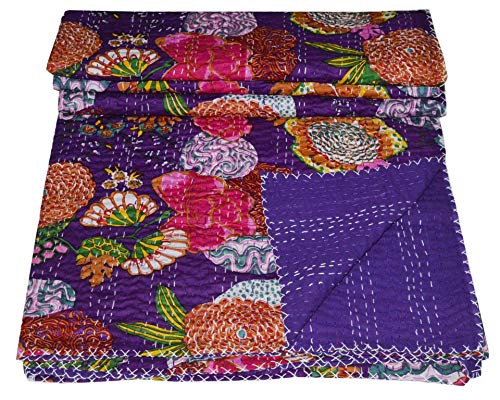 Sophia-Art Courtepointe indienne à imprimé tropical floral Kantha Queen Gudri faite à la main vintage à imprimé de fruits Kantha jeté couverture en coton couvre-lit 90x108 pouces (jaune citron