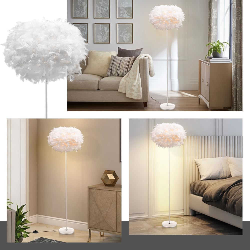 XINYASEE Lampara de Pie Salon 140CM, Lámpara de Pie con Interruptor de Pedal, Lámparas de Pie con Pantalla de Plumas para Dormitorio Salon Oficina Blanco