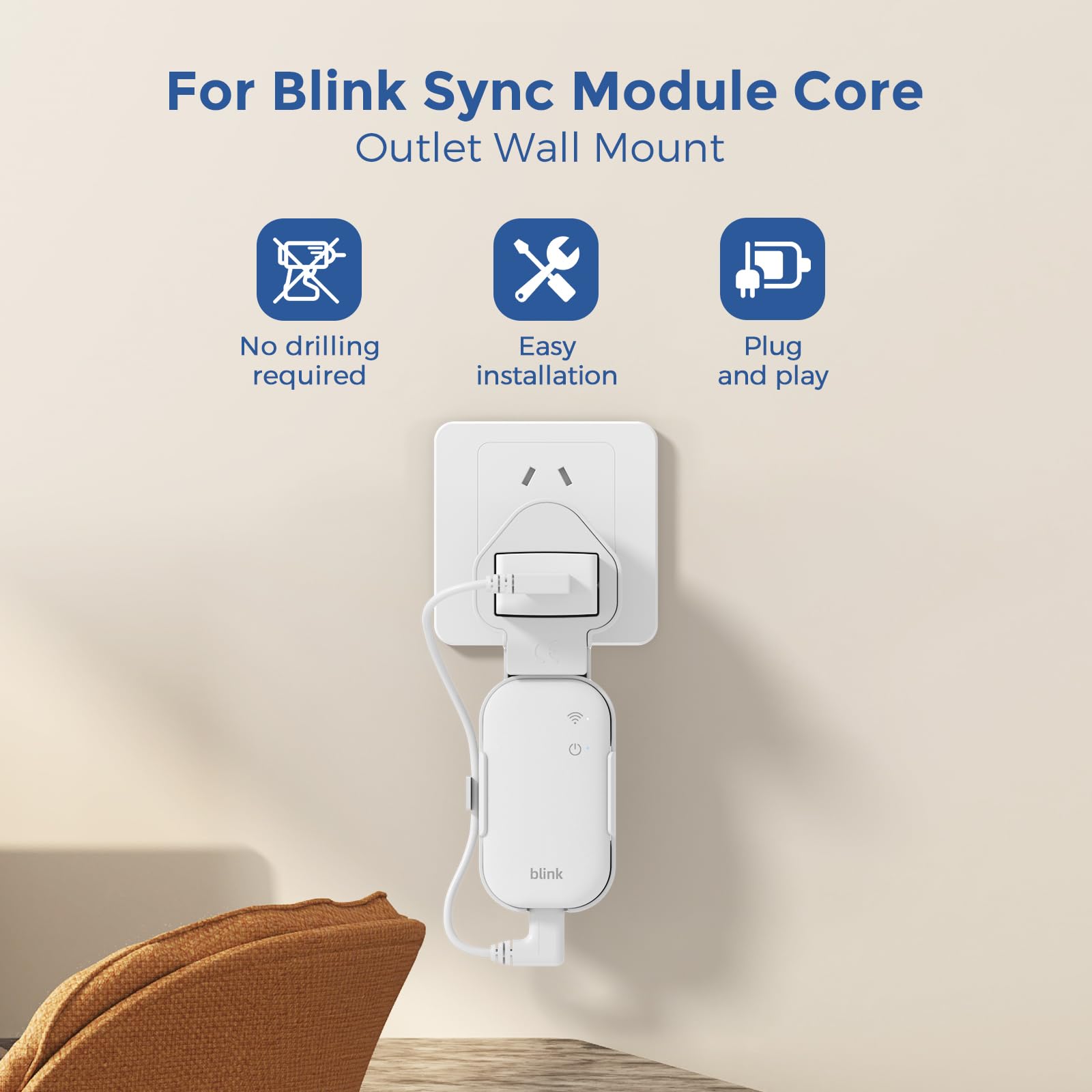 Outlet Wall Mount for Blink Sync Module Core, Space-Saving No-Drill Holder Bracket with Short USB Cable - Image 2