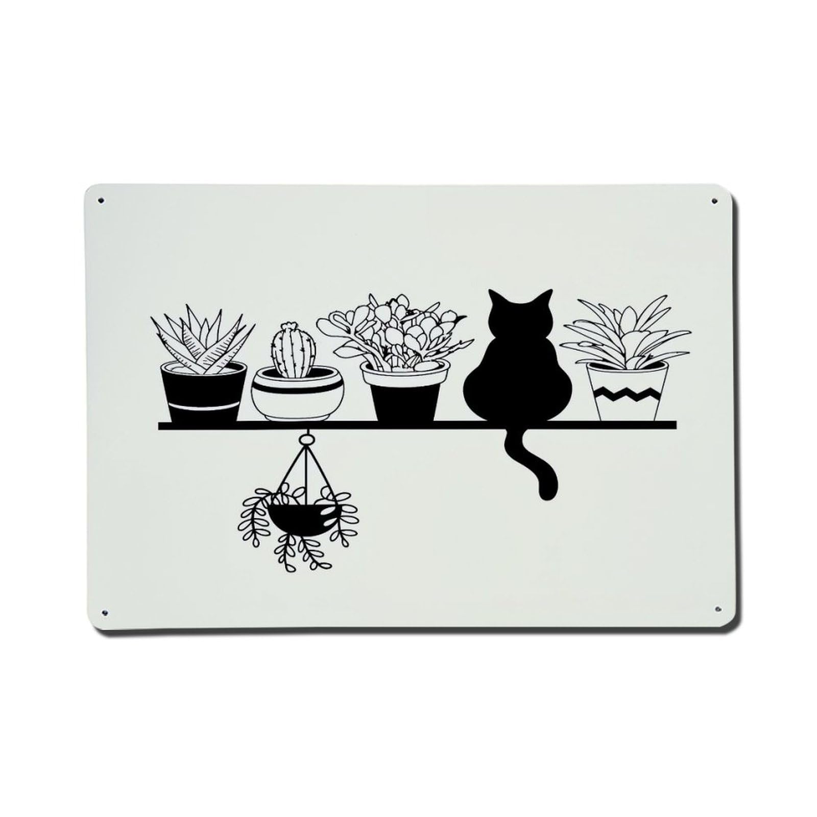 Cat Silhouette Plants Shelf Hanging Metal Tin Sign Plaque
