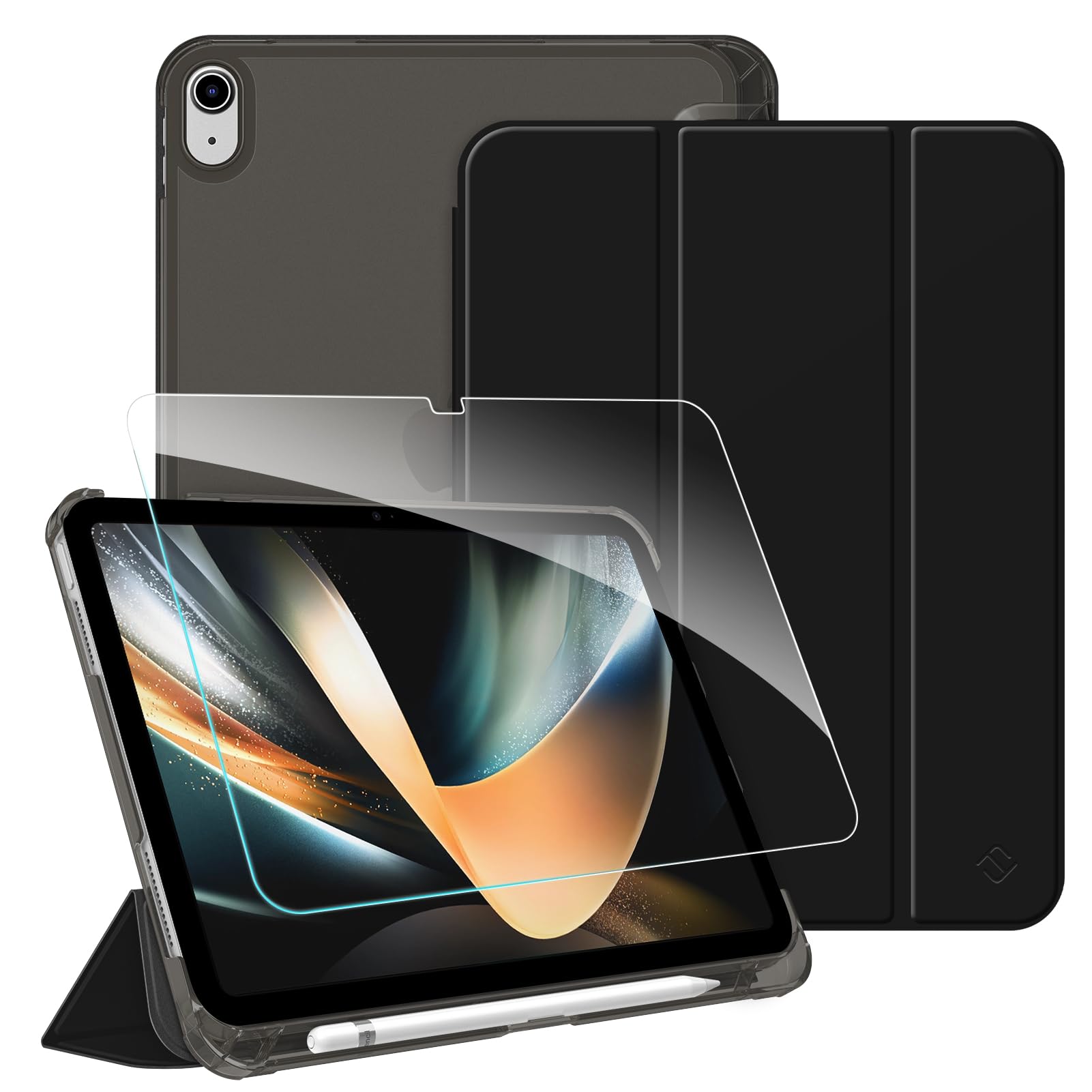 Fintie Hülle & schutzfolie-Set für iPad A16 11./10. Generation 2025/2022 (11/10,9 Zoll) | Integrierter Stifthalter, matt durchsichtige Rückseite, Klappständer, Auto-Wake/Sleep, Schwarz