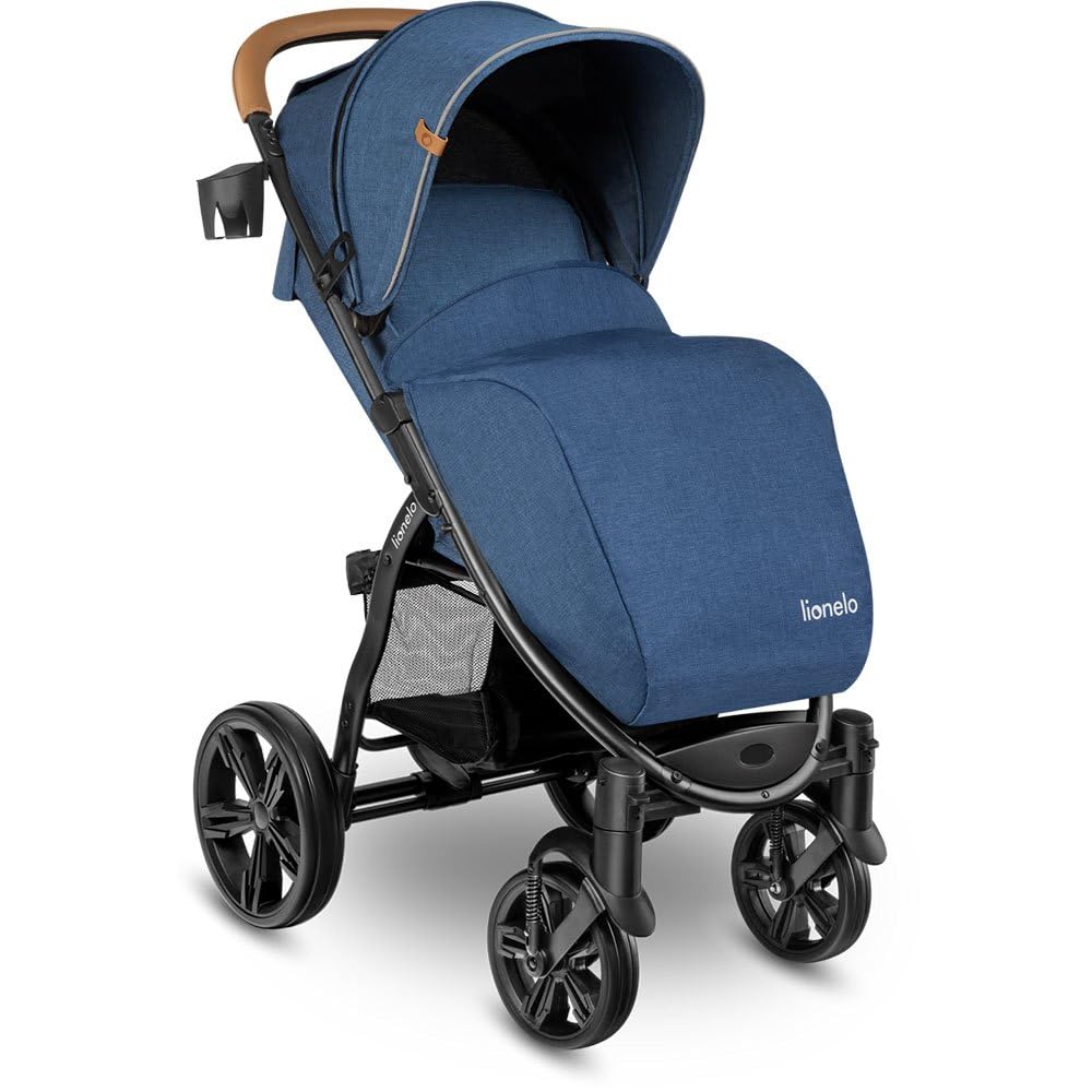 LIONELO Annet passeggino leggero pieghevole blu jeans, regorabile con posizione sdraiata con ruote EVA cappottina XXL con zanzariera coprigambe portabibite fino 22 kg