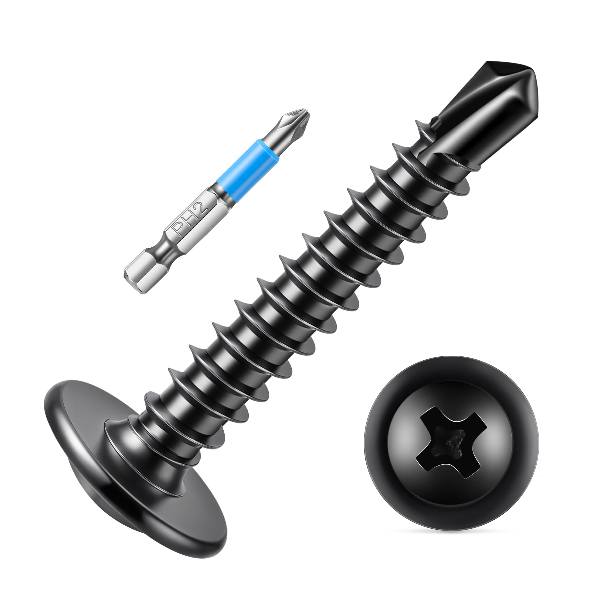 100 PCS M4.2 x 19mm 410 Stainless Steel Phillips Washer Head Sheet Metal Screws, Cross Recessed Black Coated Self Drilling Screw PH2 Bit Included by TPOHH