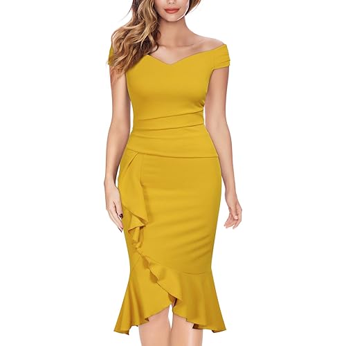Knitee Women's Off Shoulder V-Neck Ruffle Pleat Waist Bodycon Evening Cocktail Slit Formal Dress