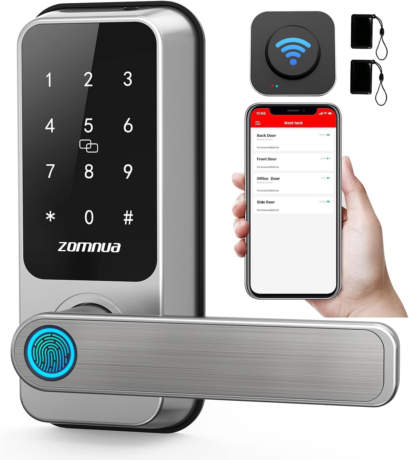 WiFi Smart Lock with Handle,Zomnua Fingerprint Lever Keyless Entry Door Lock with Keypad, Alexa Digital Electronic Smart Deadbolt for Front Door with Gateway,Bluetooth App, Fob Keys
