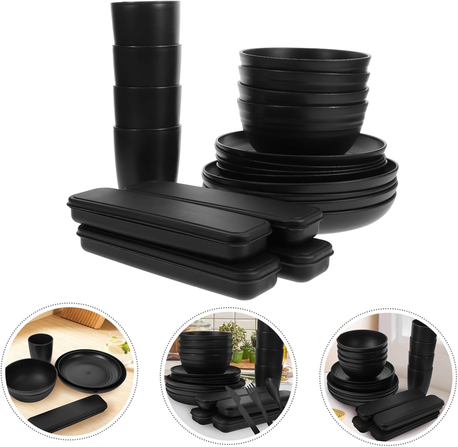 4sets Camping Utensil Black Tableware Cutlery for Lunch Box Reusable Easy to Clean Compact