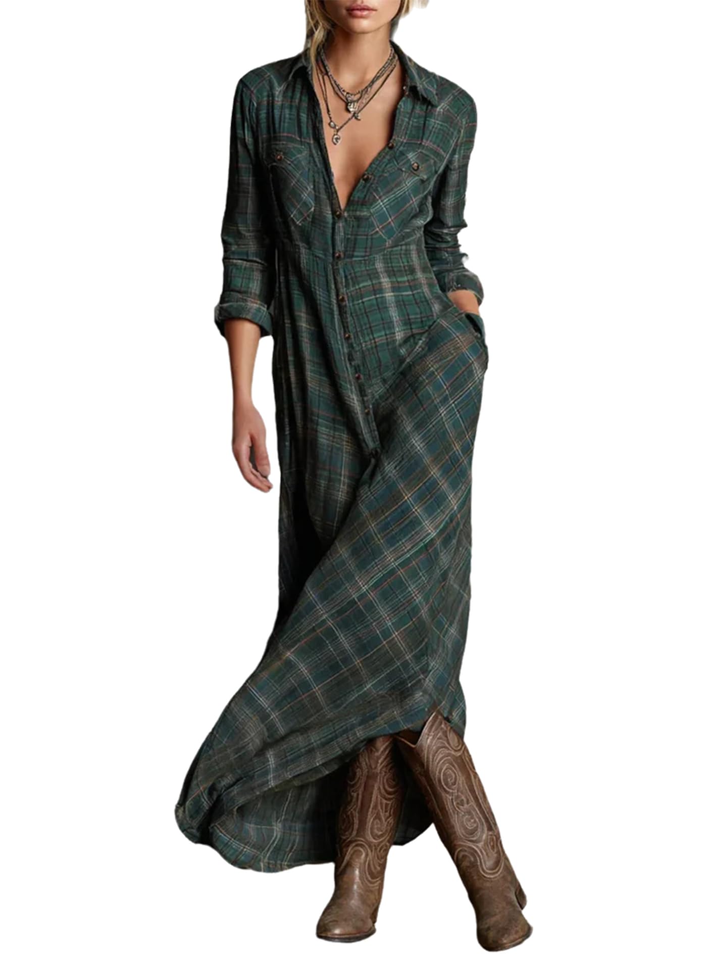 cffvdiz Robe-Chemise Boutonnée pour Femmes Manches Longues Col À Revers Imprimé À Carreaux Robe Maxi Style Campagne