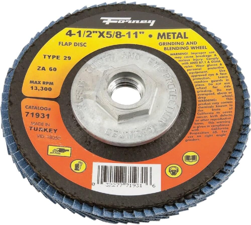 Forney 71933 Flap Disc, Type 29 Blue Zirconia with 5/8-Inch-11 Threaded Arbor, 120-Grit, 4-1/2-Inch