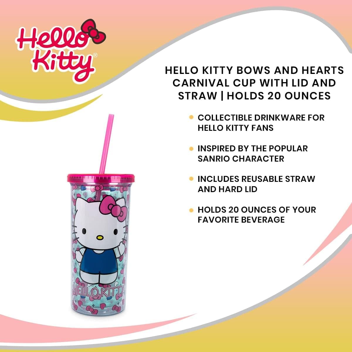 Sanrio Hello Kitty Bows and Hearts Carnival Cup with Reusable Straw and Leakproof Lid | Plastic Cold Cup for Boba Milk Tea Beverages, Home & Kitchen Essentials | Cute Kawaii Gifts | Holds 20 Ounces