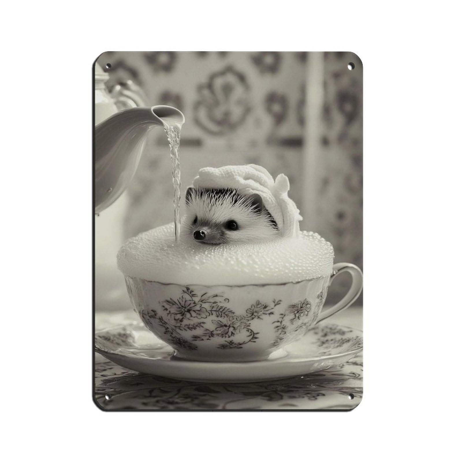 Cute Hedgehog in Teacup Tin Sign Vintage Metal Pub Club Cafe Bar Home Wall Art Decoration Poster Retro 12x16inch(30x40cm)