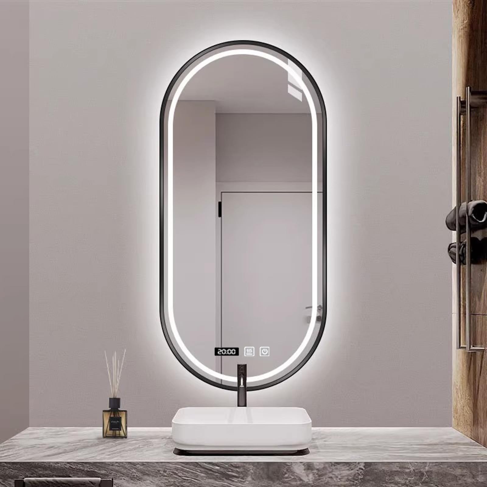 ACHZYFT Oval Bathroom Mirror With LED Light,Smart Touch Sensor Memory Function Wall Vanity Shaving Mirror,Metal Frames,Anti-fog,Time,3-colour Light,IP44(Size:40cm*70cm,Color:Black)