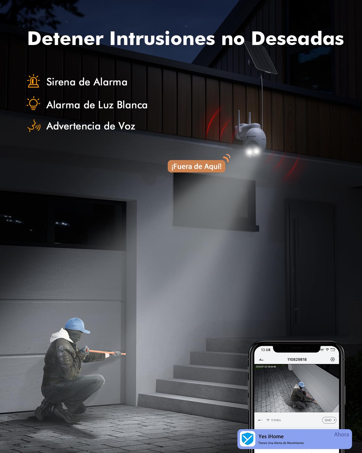 YESKANO 2K Camara Vigilancia WiFi Exterior Solar con Bateria, 360°PTZ Camaras de Vigilancia sin Cables con Panel Solar, Visión Nocturna de Color, Detección de IA, PIR Sirena, Voz Bidireccional, IP66