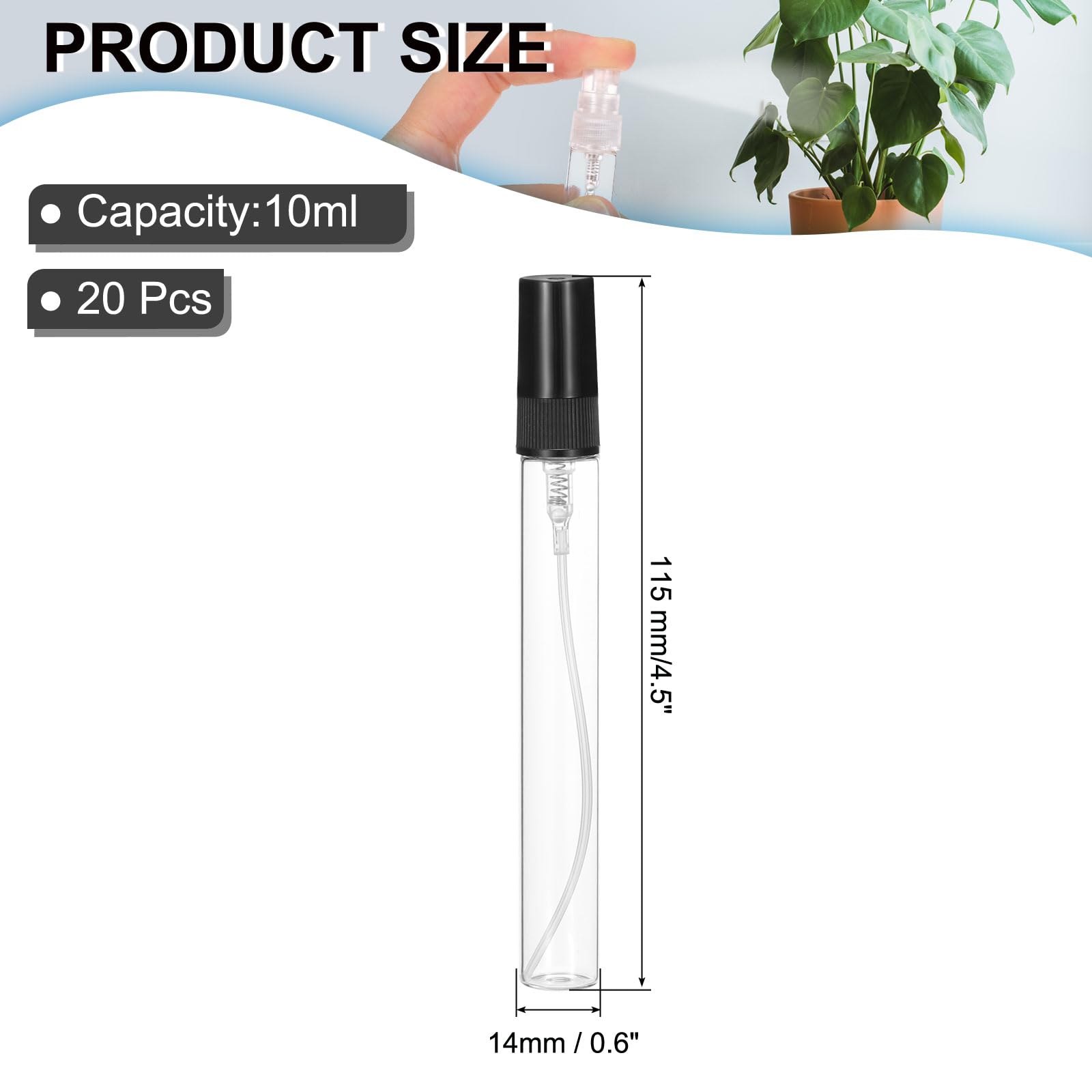 PATIKIL Szklane mini butelki na próbki perfum, 10 ml, 20 szt., drobna mgiełka, do wielokrotnego napełniania, pusta mini butelka z rozpylaczem, na próbki, rozpylacz do perfum, podróży, płynny olejek
