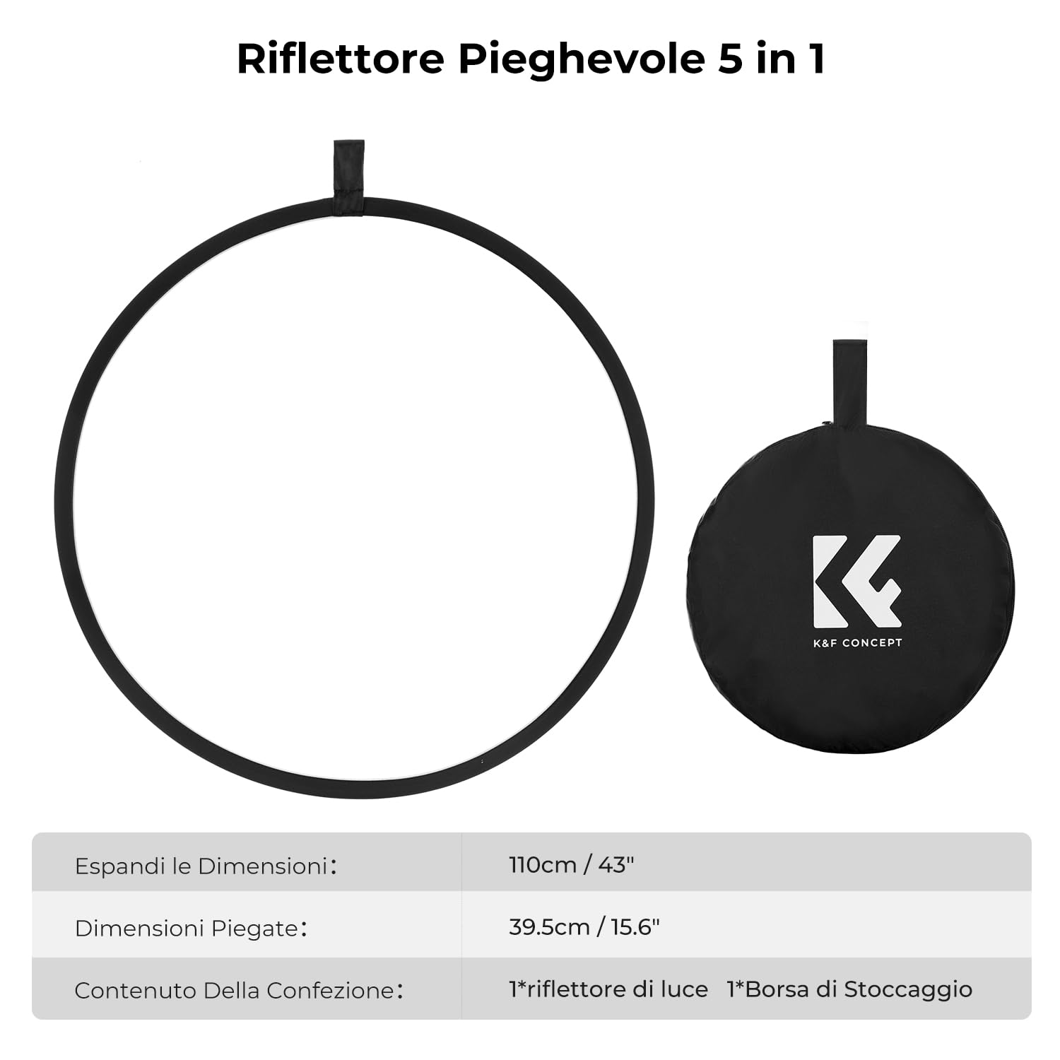 K&F CONCEPT 5-in-1 Riflettore di luce 43" (110 cm) Diffusore Fotografico Pieghevole Portatile per Studio e Illuminazione Esterna Oro Argento Bianco Nero Traslucido
