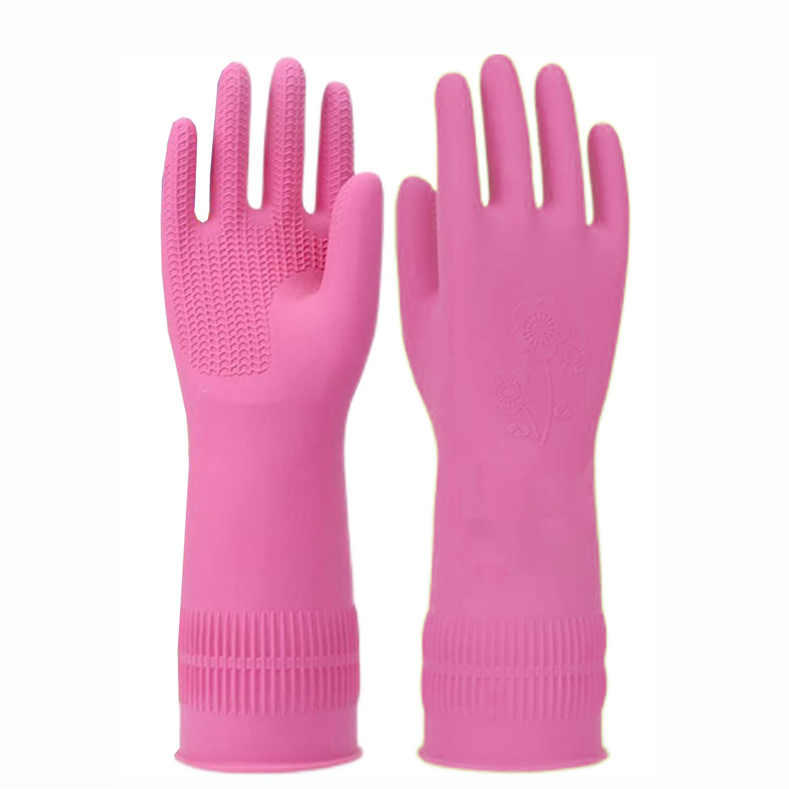 Cleaning Rubber Gloves,Reusable Dishwashing Gloves for Housework, Kichen, Bathroom (Pink(1 pair),S)