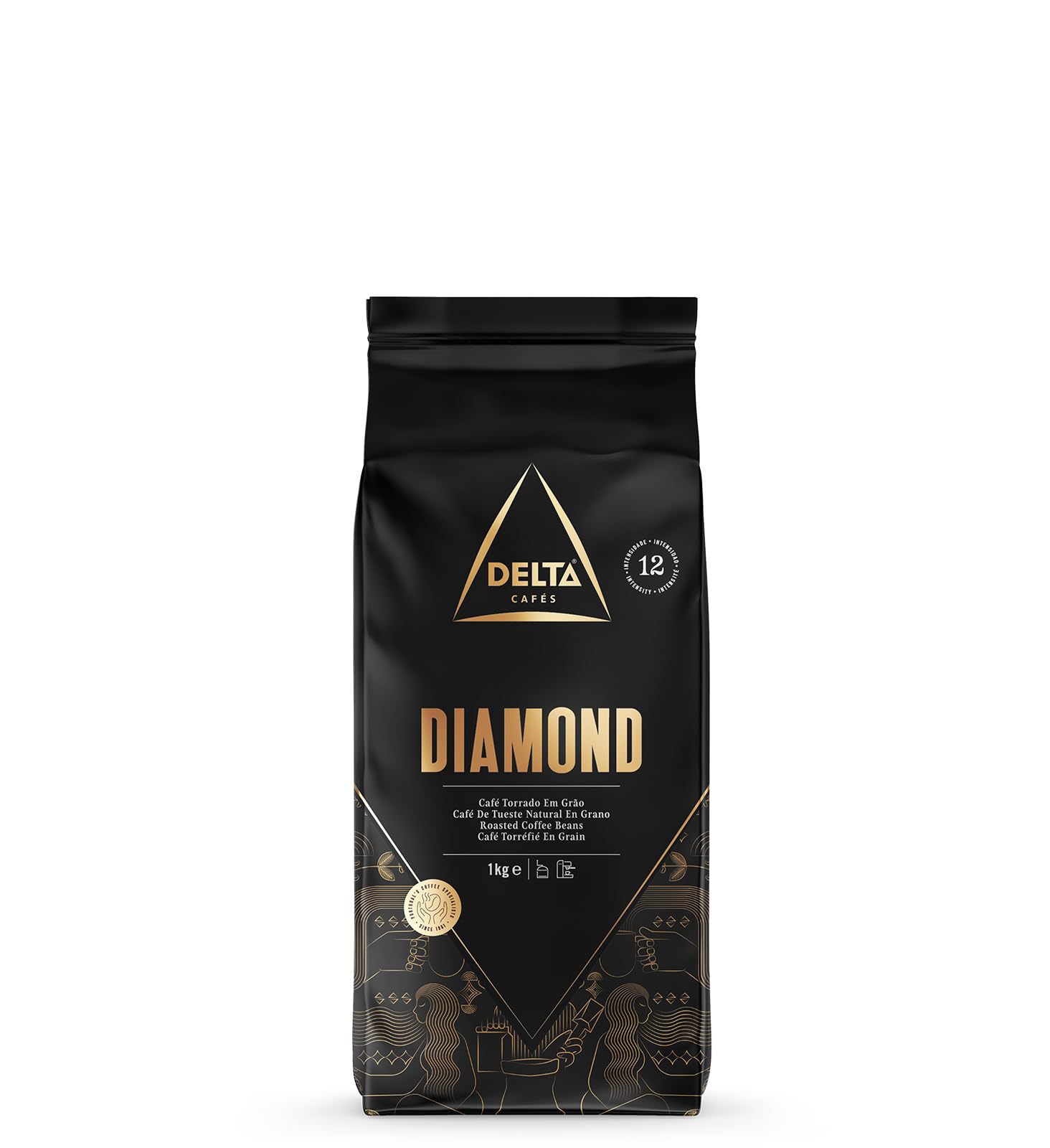 Delta Cafés Diamond Caffè in Grani 1kg – Miscela Arabica & Robusta, Intensità 12, Chicchi Espresso Corposi con Note di Cacao, Popcorn e Noce Tostata