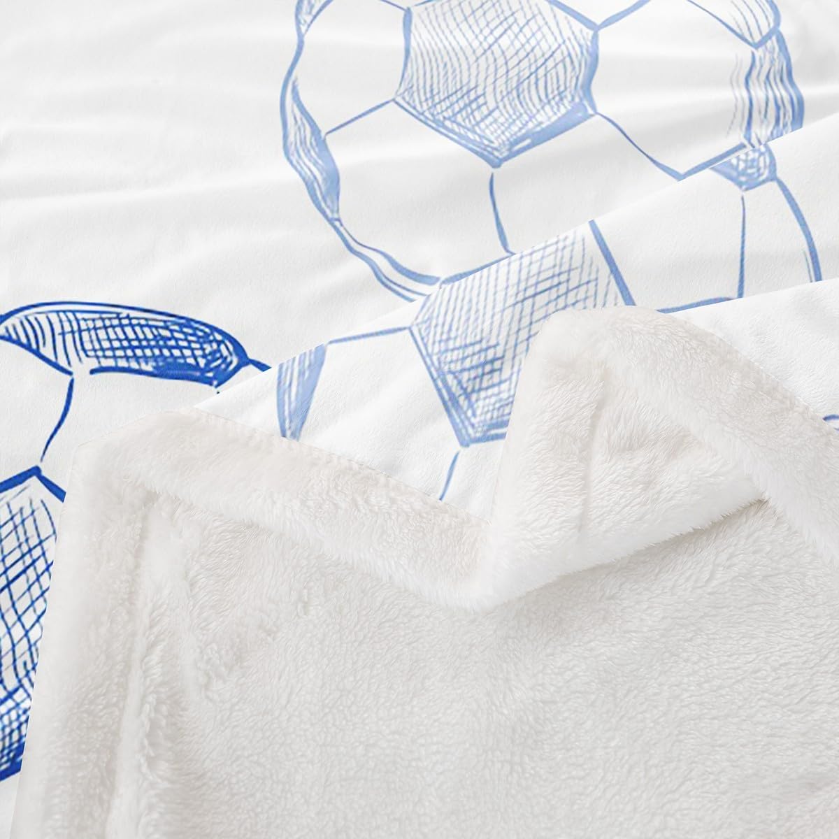 Soccer Kids Throw Blanket,Ball Sport Games Competition Bed Blanket for Boys Girls Men,American Football Cartoon Fleece Blanket,Blue White Sketch Fashion Fuzzy Blanket,Queen Size (90 x 90 Inches)