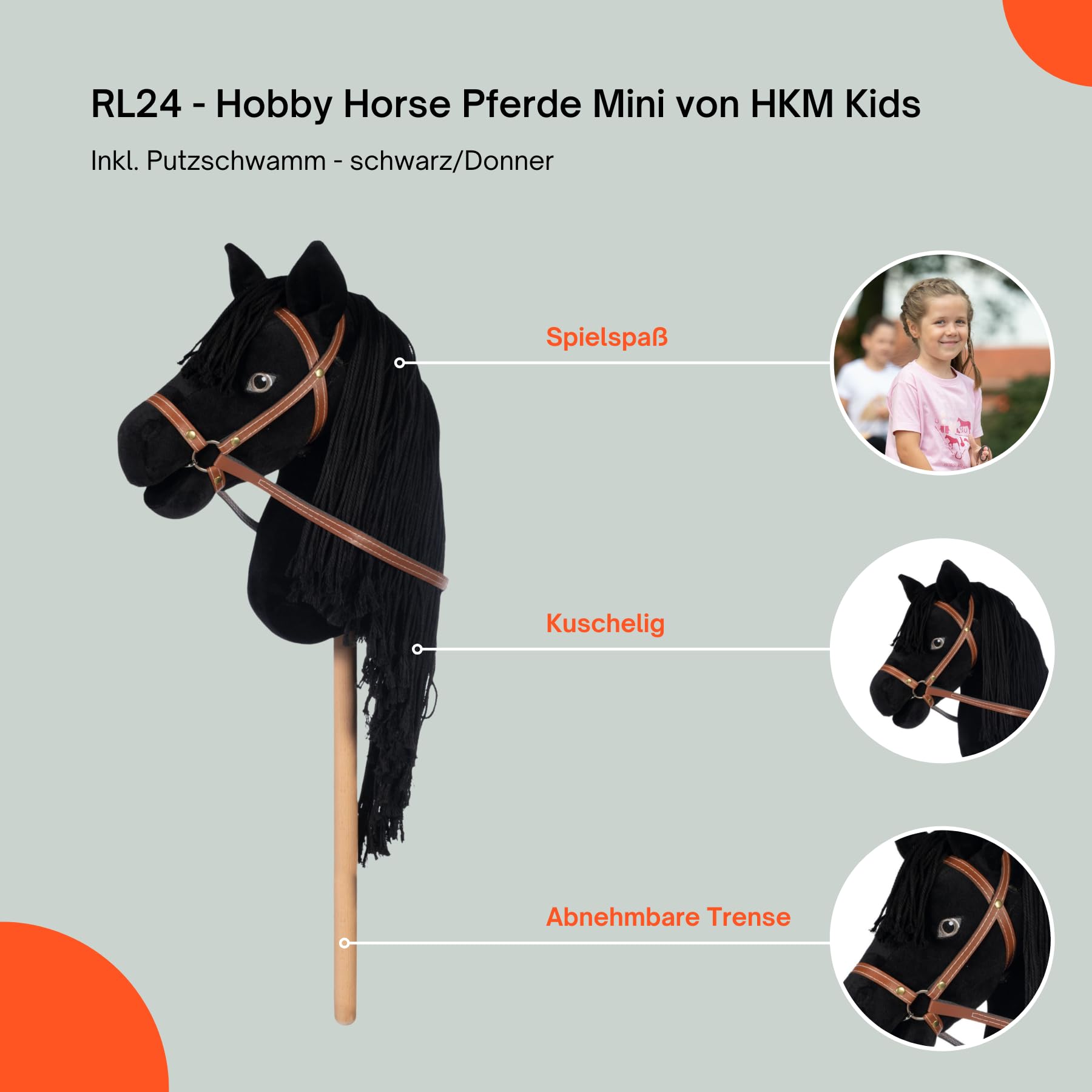 RL24 - Hobby Horse Pferde Mini von HKM Kids inkl. Putzschwamm – Steckenpferd – Spielpferd mit Holzstock, Mähne & Trense – Stockpferd ohne Griffe & Rollen – schwarz (Donner)