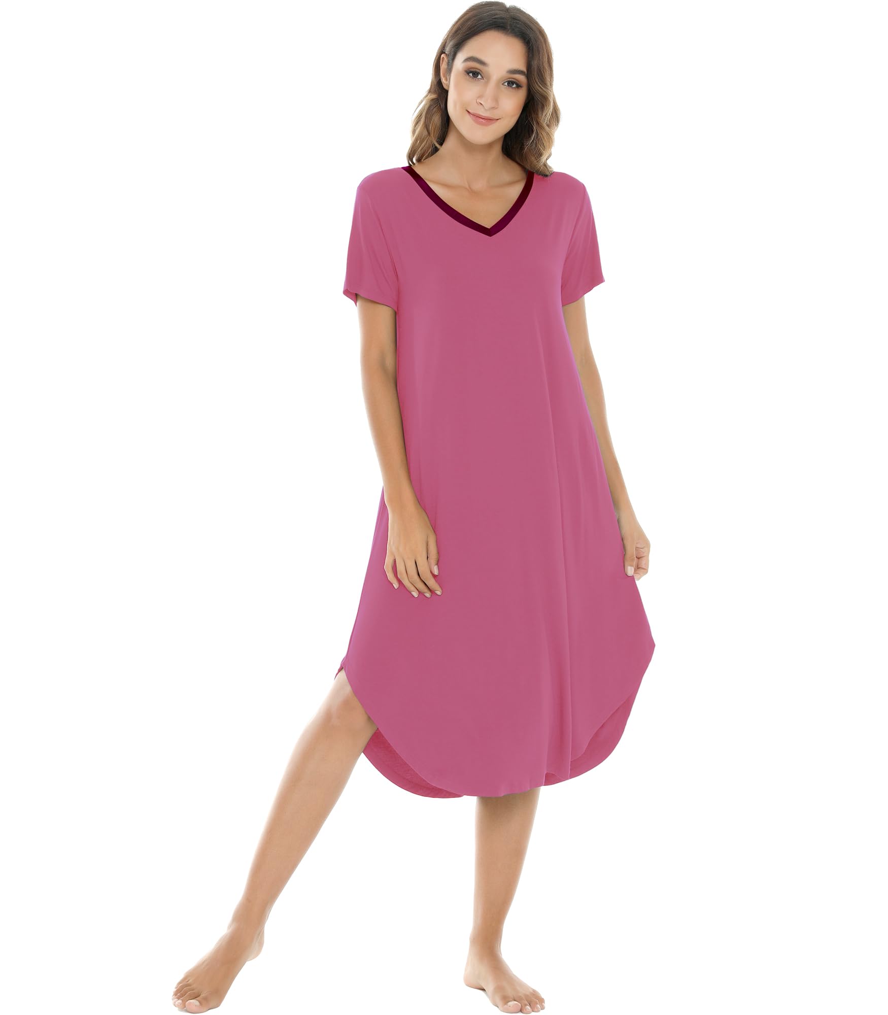 NACHILA Bamboo Viscose Nightgowns for Women Cooling Short Sleeve Sleepshirt | Soft V Neck Night Gowns, Moisture-Wicking Sleepwear for Hot Flashes &amp; Night Sweats, Ladies Nightshirts for Sleep, Home, Gift