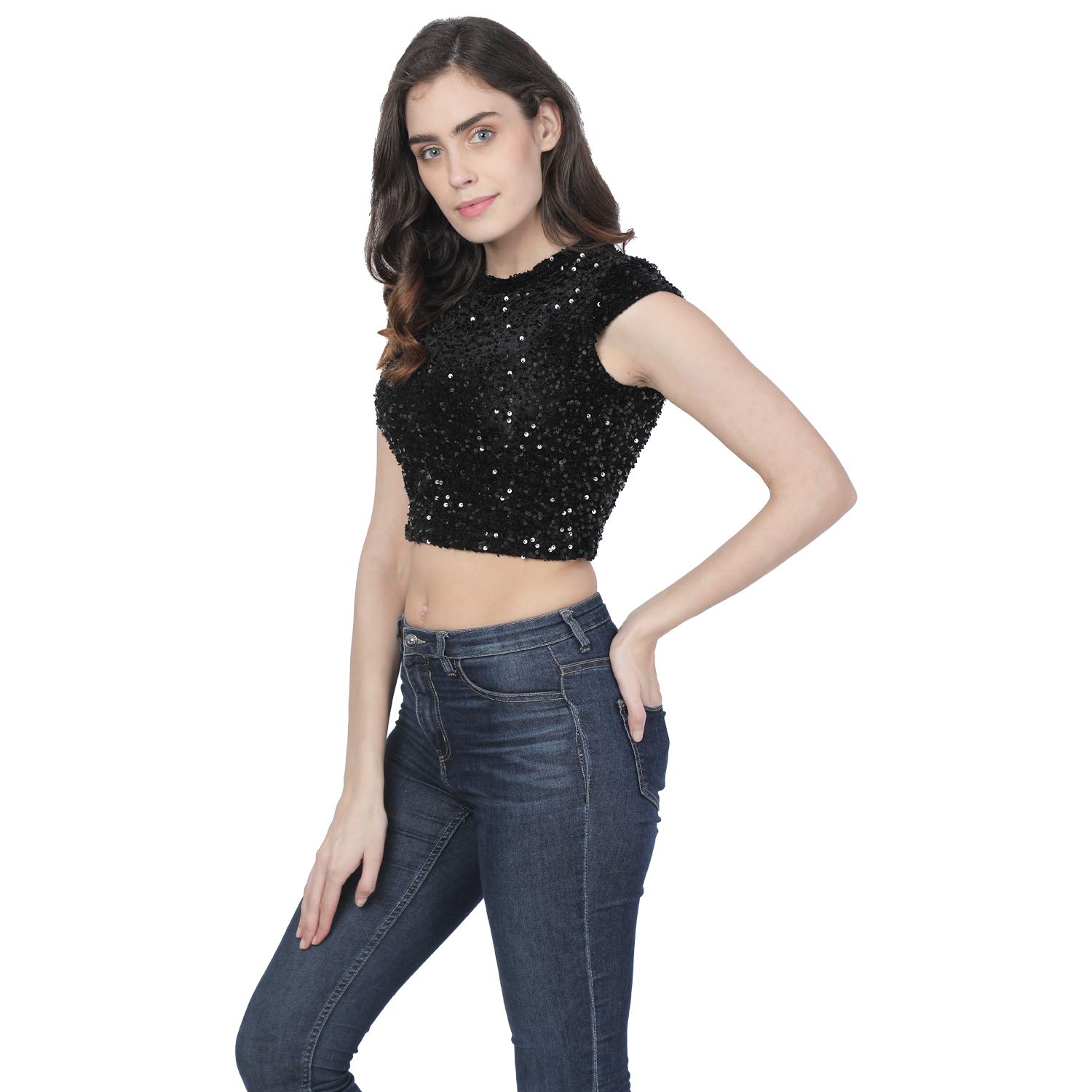 Matelco Women's Embellished Sequins Bustier Top/Crop Top with Back Zip (X-Small, Black) - Image 3 thumbnail