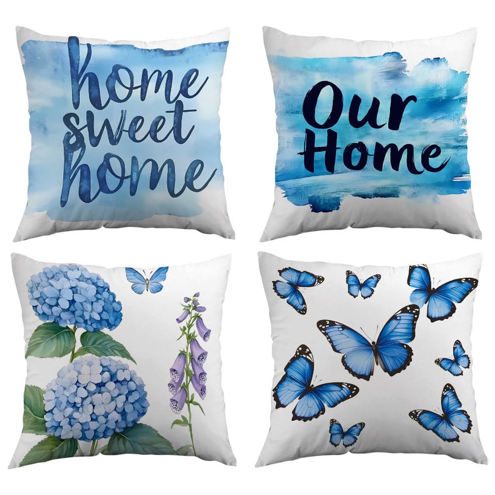 Cushion Covers 45X45 Set Of 4 Blue Cotton Linen Decorative Pillowcases With Invisible Zipper, Square Throw Pillow Covers For Sofa, Couch, Bedroom Or Outdoor Use,18X18 Inch Set Of 4