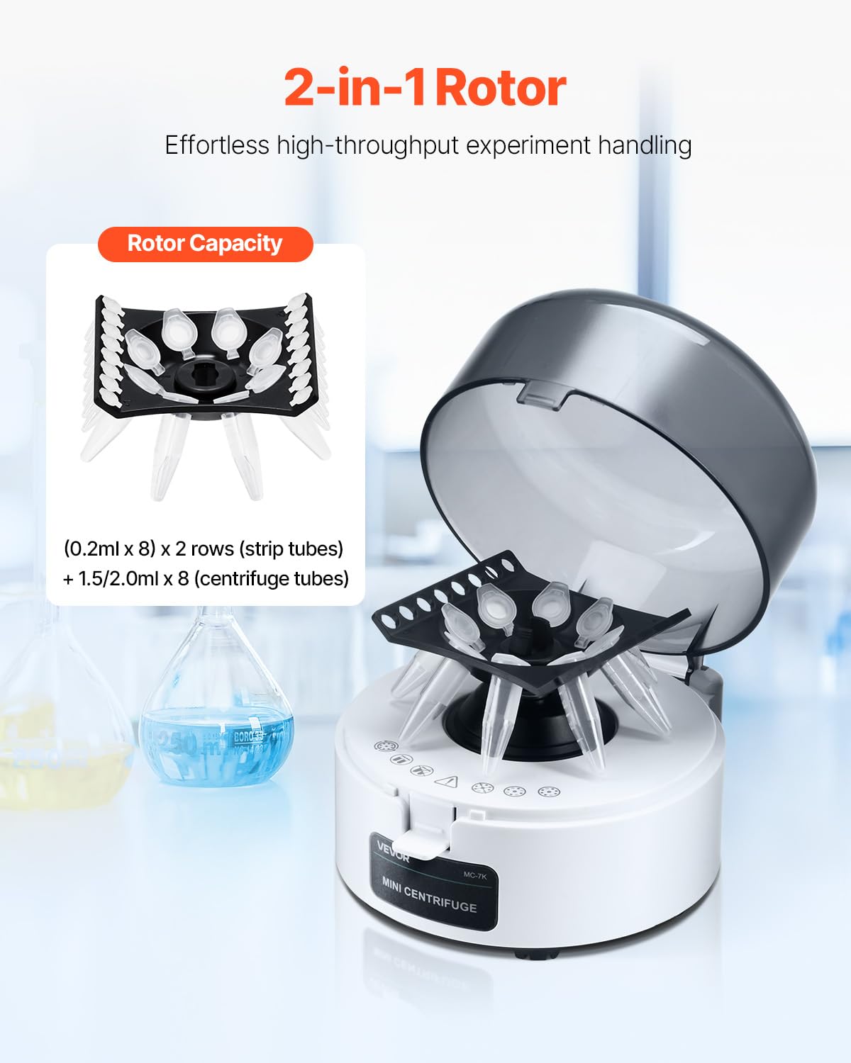 VEVOR Minicentrífuga, Centrífuga Eléctrica de Laboratorio RCF de 3013 xg con Rotor 2 en 1 para Tubos de 0,2/1,5/2 ml, Velocidad Fija de 7000 r/min Bajo Nivel de Ruido para Diversos Experimentos