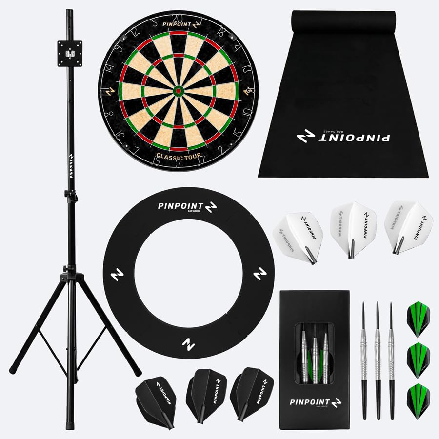 PINPOINT Freestanding Darts Bundle – Regulation Sisal Dartboard with Stand, Rubber Darts Mat, EVA Surround, Brass Darts & Moulded Flights – Indoor Home & Game Room Set (Classic Tour)