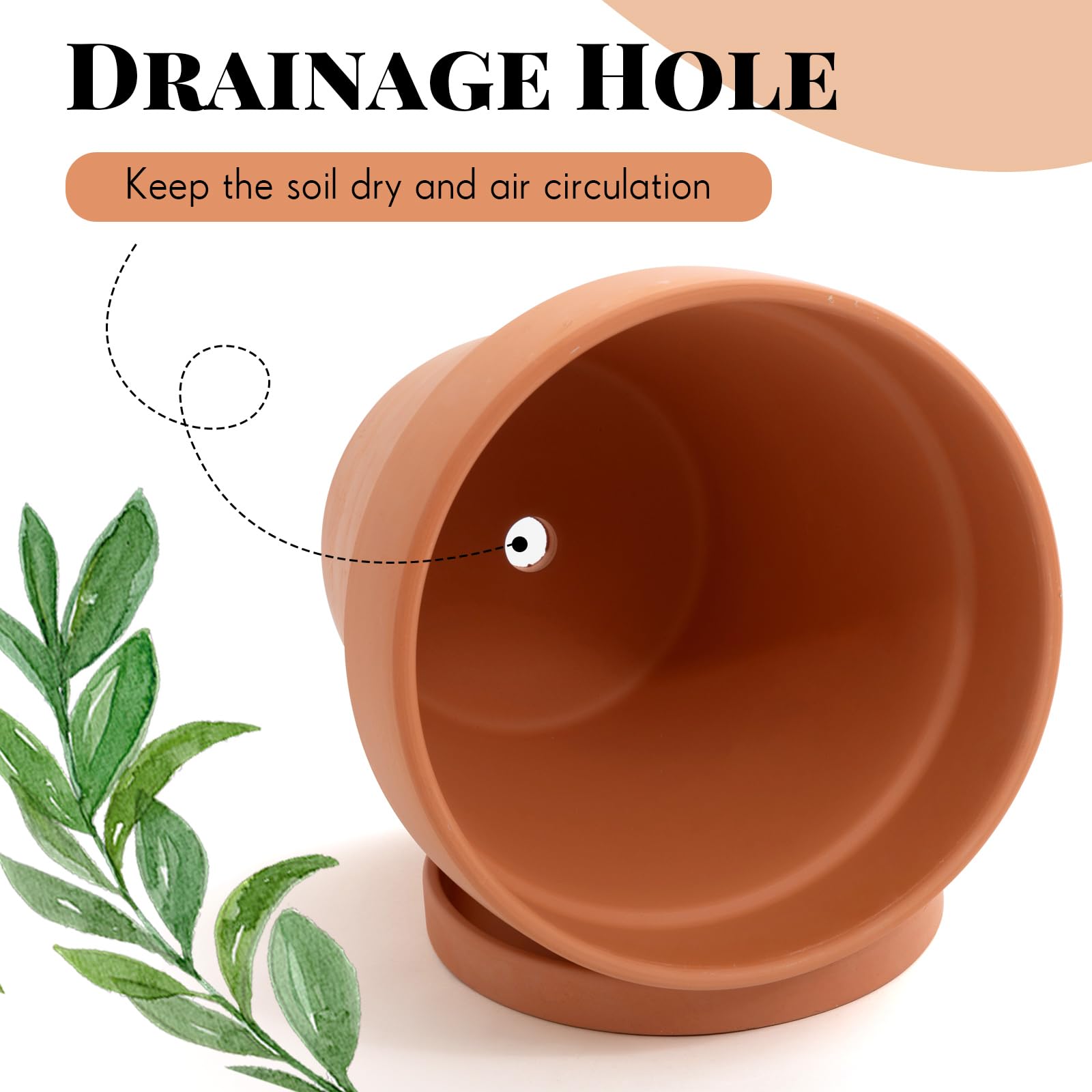 Maxdot Lot de 2 Grands Pots de Fleurs en Terre Cuite avec Soucoupe – Pot en Argile en céramique de 25,4 cm avec Trou de Drainage pour Plantes d'intérieur et d'extérieur