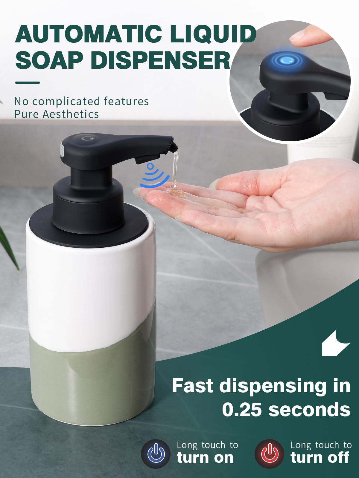 BosilunLife Dispenser automatico di sapone in ceramica a mano libera con pompa impermeabile ricaricabile Smart Electric Lotion Soap Dispenser Touchless Dispenser di sapone per piatti (bianco-verde,